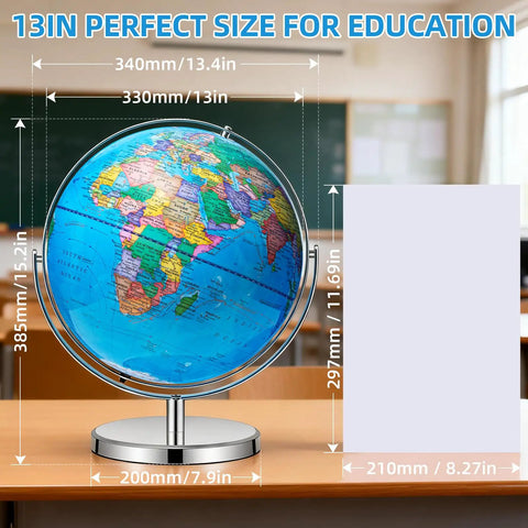 13 Inch Globe With Stainless Steel Stand 720 Degree Rotation Waterproof HD Text Classroom Workhorse Globe in classroom setting.
