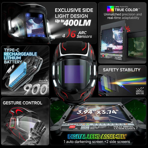 Welding Helmet With Panoramic 180 Degree View And True Color Auto Darkening, Built-In LED Lights, Four LED Lights, Six Arc Sensors