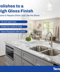 Dead Nuts Strong Transparent Polyester Mastic And Slick Knife Grade Stone Adhesive For Granite Marble Seam Glue Quick Set Resin Kit With Hardener Pro Grade Natural Stone Fabbing Solution, shown enhancing a high gloss finish on a marble countertop.