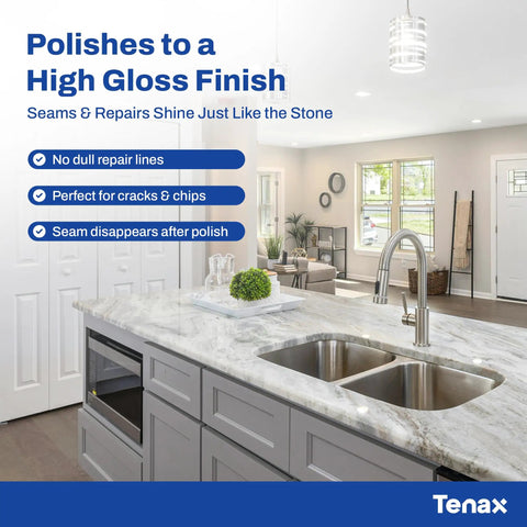 Dead Nuts Strong Transparent Polyester Mastic And Slick Knife Grade Stone Adhesive For Granite Marble Seam Glue Quick Set Resin Kit With Hardener Pro Grade Natural Stone Fabbing Solution, shown enhancing a high gloss finish on a marble countertop.