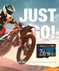 Motocross rider mid-jump with 256GB MicroSDXC UHS I U3 V30 Memory Card for Action Cameras and Drones displayed.