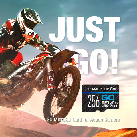 Motocross rider mid-jump with 256GB MicroSDXC UHS I U3 V30 Memory Card for Action Cameras and Drones displayed.