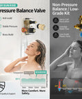 Image of SR SUN RISE 12 Inch Ceiling Mount Shower System, Matte Black pressure balance valve with a woman enjoying a shower.