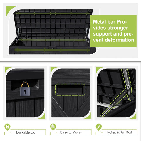 Close-up of 120 Gallon Outdoor Deck Box Heavy Duty Resin Construction Weatherproof Lockable Storage For Patio Furniture Garden Tools