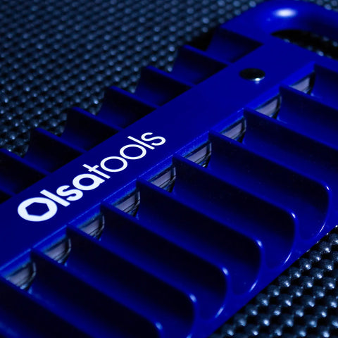Close-up of blue Magnetic Grab And Go Portable Socket Organizer Tray One Quarter Inch Drive Blue Holder for sockets