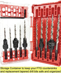 Woodworking Countersink Drill Bit Set With Depth Adjustable 5 Piece Replacement Tapered Bits For Wood Sizes Four Six Eight Ten Twelve In Durable Storage Case Pro Grade By FTG USA