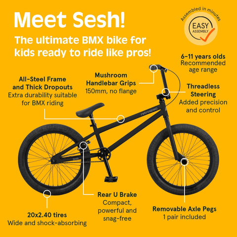 Infographic showing Dope Youth Freestyle BMX Bike With Pro Grade CrMo Cranks, 20 Inch Wheels, U Brake, steel frame, for ages 6-11.