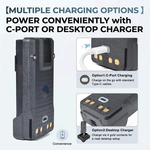 Built Tough 2X18650 Battery Case Compatible With Motorola Two Way Radios Xpr7350 Xpr7550 with C-Port and Desktop Charger options.
