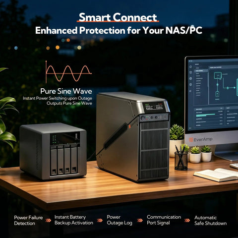 Heavy Duty LiFePO4 Ups Battery Backup Surge Protector Delivering Smooth Pure Sine Wave Power With Instant Switchover and NAS/PC setup.