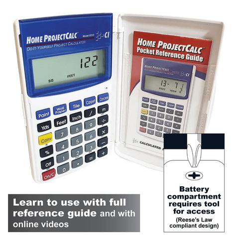 DIY Home Project Calculator For Do It Yourselfers Feet Inch Fraction Measurements With One Key Converts Measurements To Imperial Or Metric For Quick Material Quantities And Cost Estimates For Home Improvement Projects, shown with reference guide and battery compartment warning.