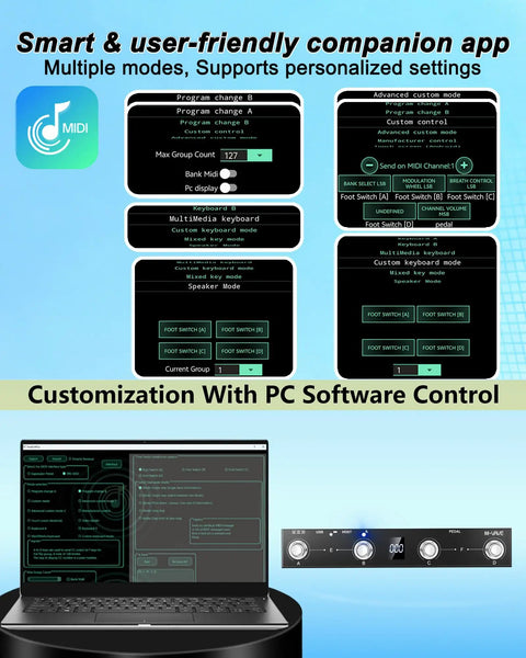 User interface for Chocolate Plus Wireless Bluetooth MIDI Foot Controller With Four Buttons showing app and PC software control