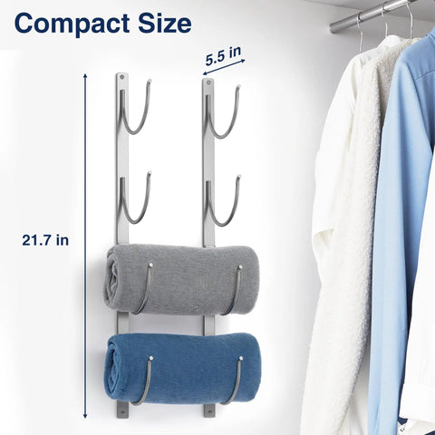4 Tier Wall Mounted Towel Rack Organizer For Towels Blankets And Bath Sheets Space Saving Storage For Small Bathrooms RV Closets Cabinets With Adjustable Width Silver Finish And Easy Access showing two towels rolled