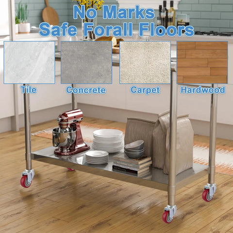 Four Pack Heavy Duty Prep Table Wheels Featuring Silky Smooth Rolling Polyurethane Treads And No Hassle Adjustable Expanding Stem Casters Fit 7/8 To 1 Inch Steel Tubes For Workspaces displayed on various floor surfaces.