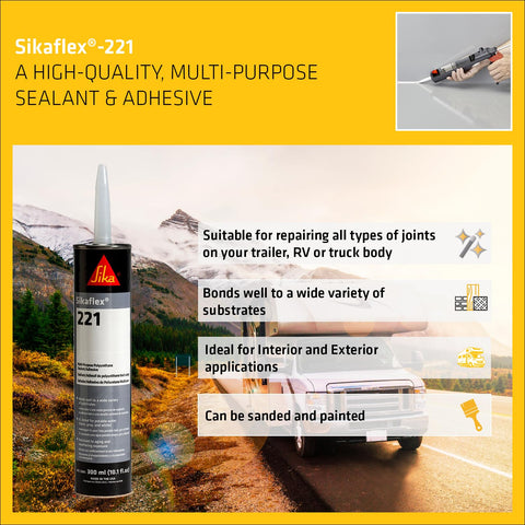 Do It All Black Polyurethane Sealant Adhesive, 10.1 Fl Oz, with text highlighting its versatile indoor outdoor use on metal and plastics