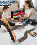 Mother and son assembling Action Packed High Speed Slot Car Race Track Set With Four Cars And Dual Controllers For Kids Ages 6 To 12