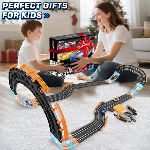 Mother and son assembling Action Packed High Speed Slot Car Race Track Set With Four Cars And Dual Controllers For Kids Ages 6 To 12