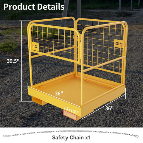 Rock Solid Forklift Safety Cage 36 X 36 Inches Heavy Duty Steel Man Basket With 1150 Lbs Capacity and triple chain rigging dimensions.