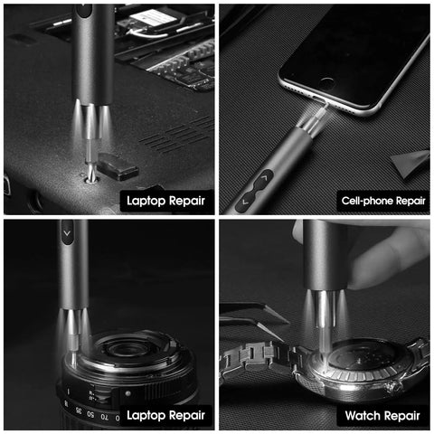 Mini Electric Screwdriver Set 120 In 1 Portable Cordless Power Kit with 100 Precision Bits and LED Light in use for repairs.