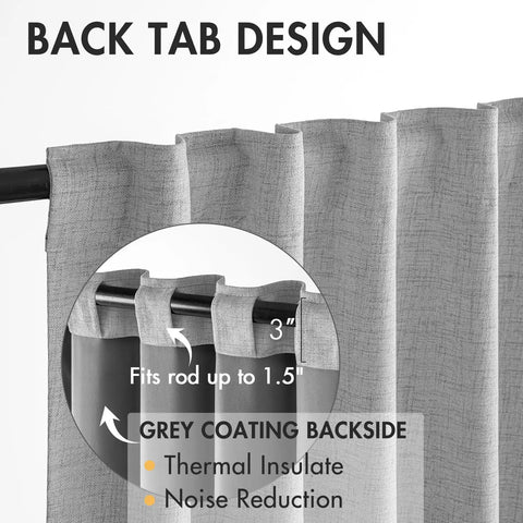 Light Grey 100 Percent Blackout Curtains, 2 Panels Set, 72 Inches Long by 52 Inches Wide Per Panel, Back tab top design close-up