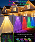Outdoor RGB LED String Lights 50Ft, 8 Pack, Smart App Control illuminating vibrant colors on a fence beside houses at night