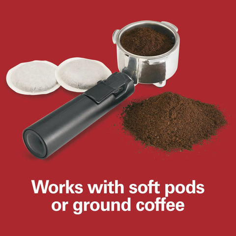15 Bar Espresso Machine For Sippin Straight Up Lattes And Creamy Cappuccinos With Dual Auto Frother Brews Two Cups At Once Compatible With Pods Or Grounds 50 Oz Tank Black with a portafilter and coffee grounds.