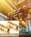 Close-up of two brass 3/8-inch OD compression union fittings for copper, aluminum, or plastic tubing.