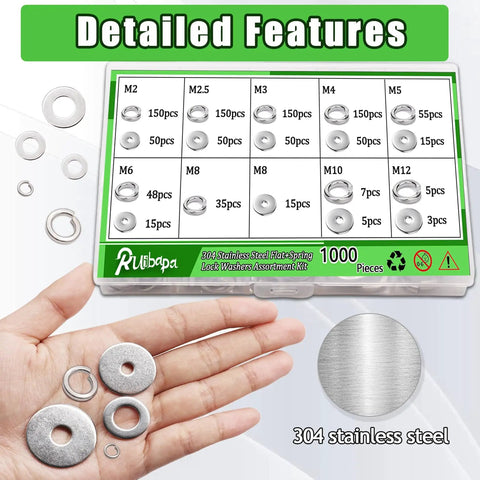 1000 Piece Flat Washers And Lock Washers Assortment Kit In 9 Metric Sizes M2 To M12 Made From 304 Stainless Steel Includes Handy Storage Box For Bolts And Screws DIY Friendly showing washers and storage box detailed view.