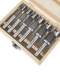 Heavy Duty Forstner Bit Set Six Piece Woodworking Plug Cutters High Speed Carbon Steel Drill Press And Cordless Ready includes wooden storage box.