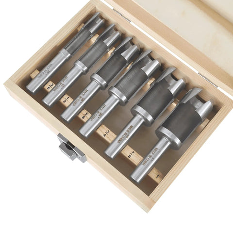 Heavy Duty Forstner Bit Set Six Piece Woodworking Plug Cutters High Speed Carbon Steel Drill Press And Cordless Ready includes wooden storage box.