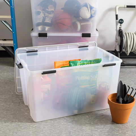 Knockout Three Pack Large Capacity Storage Bins With Weather Tight Gasket Lids And Super Heavy Duty Clear Plastic Build For Bulletproof Home Organization