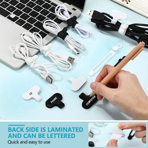 40 Piece Silicone Cable Tie And Label Set For Wires Includes 20 Ties And 20 Identification Labels Multipurpose Reusable Wire Organizer For Cords Chargers Home Office And Tech Gear being used to organize cables