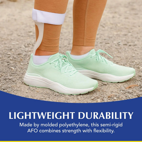 Lightweight Leaf Spring AFO For Foot Drop With Dorsiflexion Support, Posterior Ankle Foot Orthosis on woman's right foot in mint shoes