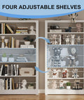 Beefy Metal Five Tier Adjustable Book Shelf in White displaying books and decorative items in living room setting, 68.9" high.