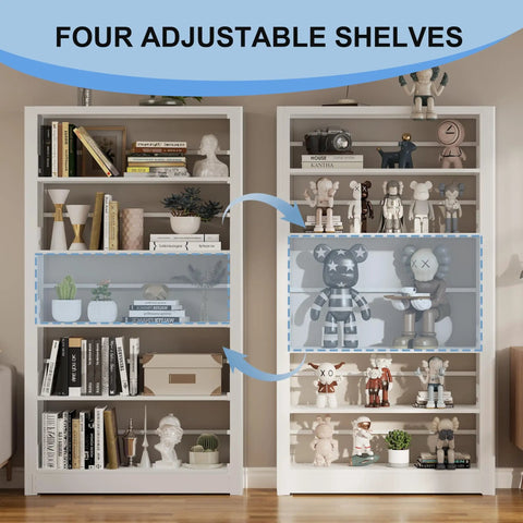 Beefy Metal Five Tier Adjustable Book Shelf in White displaying books and decorative items in living room setting, 68.9" high.