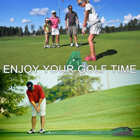 Outdoor golfers on a course with Indoor Golf Putting Mat With Ball Return For Home Office Practice Realistic True Roll Green Surface