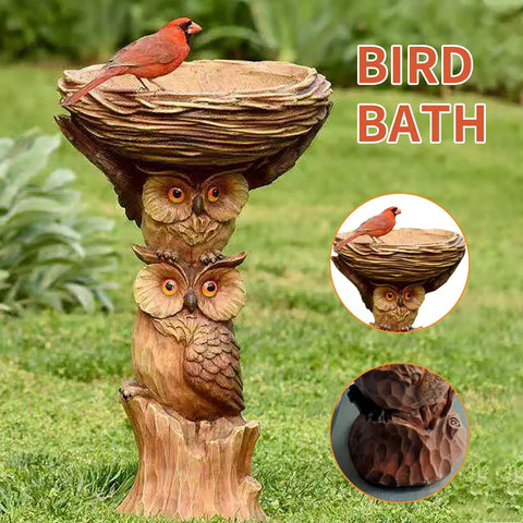 Sunflower Themed Resin Bird Bath For Outdoors And Gardens With Owl Pedestal And Ladybug Accent 8.66 Inch Lightweight Bowl