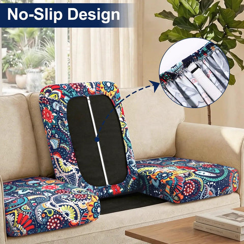 Waterproof Patio Cushion Covers Set 8 Pcs Outdoor Couch Slipcovers Stretchable Washable Furniture Protector For Dogs And Pets Blue Green, shown on couch with no-slip design.