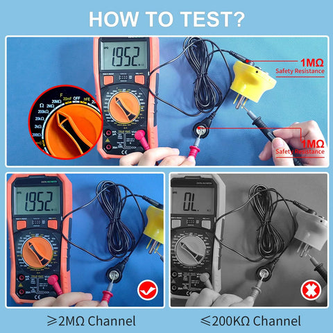 ESD rubber bench mat 60x24 in with anti-static wrist strap kit and grounding plug; collage showing multimeter testing setup.