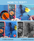 Digital multimeter testing resistance with probes and safety resistor, showing measurements on the display in a how-to guide.