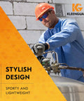 Kickass Worksite Safety Glasses Featuring Slick Blue Mirror Coated Lenses And Heavy Duty Black Frames worn by a worker in orange hard hat.