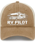 RV Traveler Cap For Road Trips And Camper Vacations, Pilot Style Trucker Hat With RV graphic, easy care and portable design.
