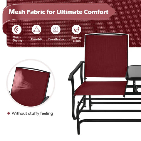 Close-up of two person swing glider chair with center tempered glass table, steel frame, burgundy mesh fabric for comfort.