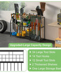 Three Tier Garden Tool Organizer Rack Heavy Duty Utility Stand With Shelves Slots Baskets And Hooks For Garage Shed Yard Basement Indoor Storage inside garage with various tools displayed