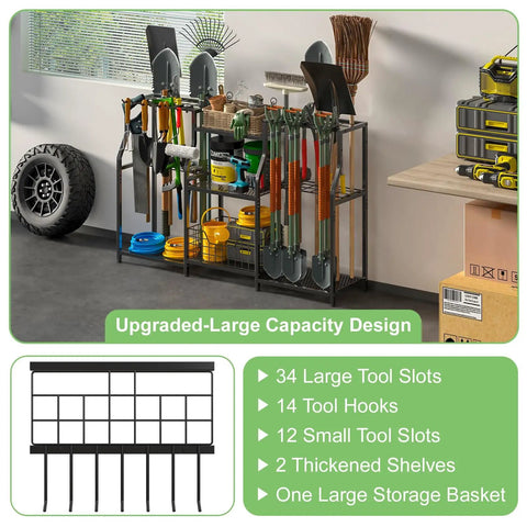 Three Tier Garden Tool Organizer Rack Heavy Duty Utility Stand With Shelves Slots Baskets And Hooks For Garage Shed Yard Basement Indoor Storage inside garage with various tools displayed