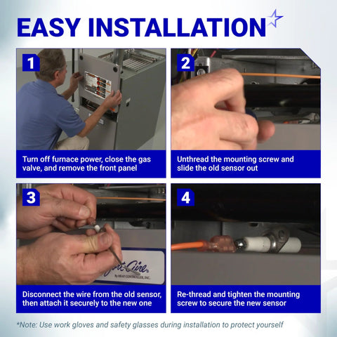 BlueStars two-pack furnace flame sensor replacement for Rheem/Ruud, 62-23543-01; four-step installation guide panels.
