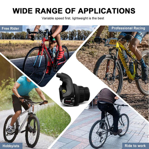 Revoshift 7 Speed Right Shift Lever For Mountain Bikes with twist grip, showcasing one-finger operation on various terrain.