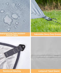 Close-up features of the Beefy 16x12 Ft Camping Tarp with waterproof fabric, adjustable grommets, reinforced stitching, taped seams.