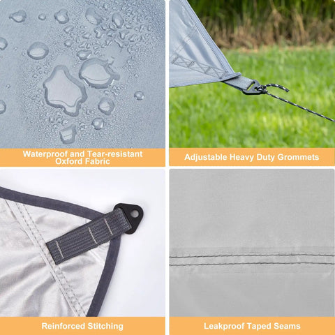 Close-up features of the Beefy 16x12 Ft Camping Tarp with waterproof fabric, adjustable grommets, reinforced stitching, taped seams.