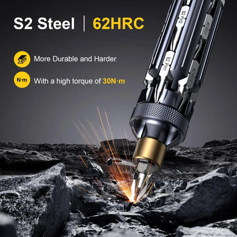 Close-up of 19-In-1 Magnetic Screwdriver Set With S2 Steel Bits, high torque 30 Nm, shown with sparks on a rock surface.