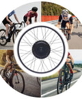 700C Front Wheel Electric Bike Conversion Kit 48V 1000W Hub Motor Complete DIY Ebike Swap image showing riding cyclists with motorized wheel.